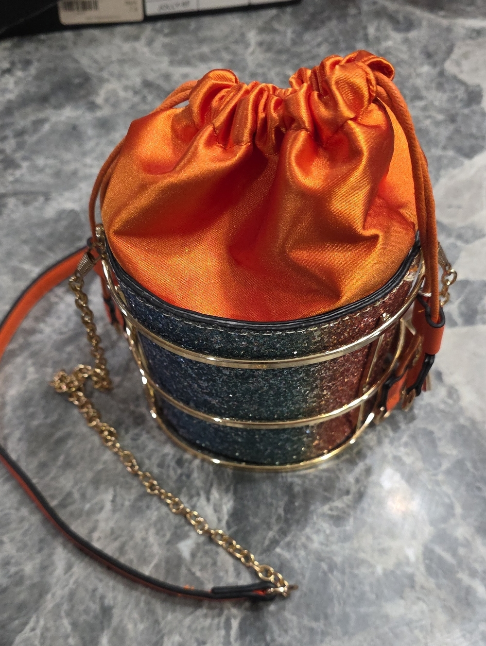 Orange Satin Drawstring Bucket Bag with Glitter Panels